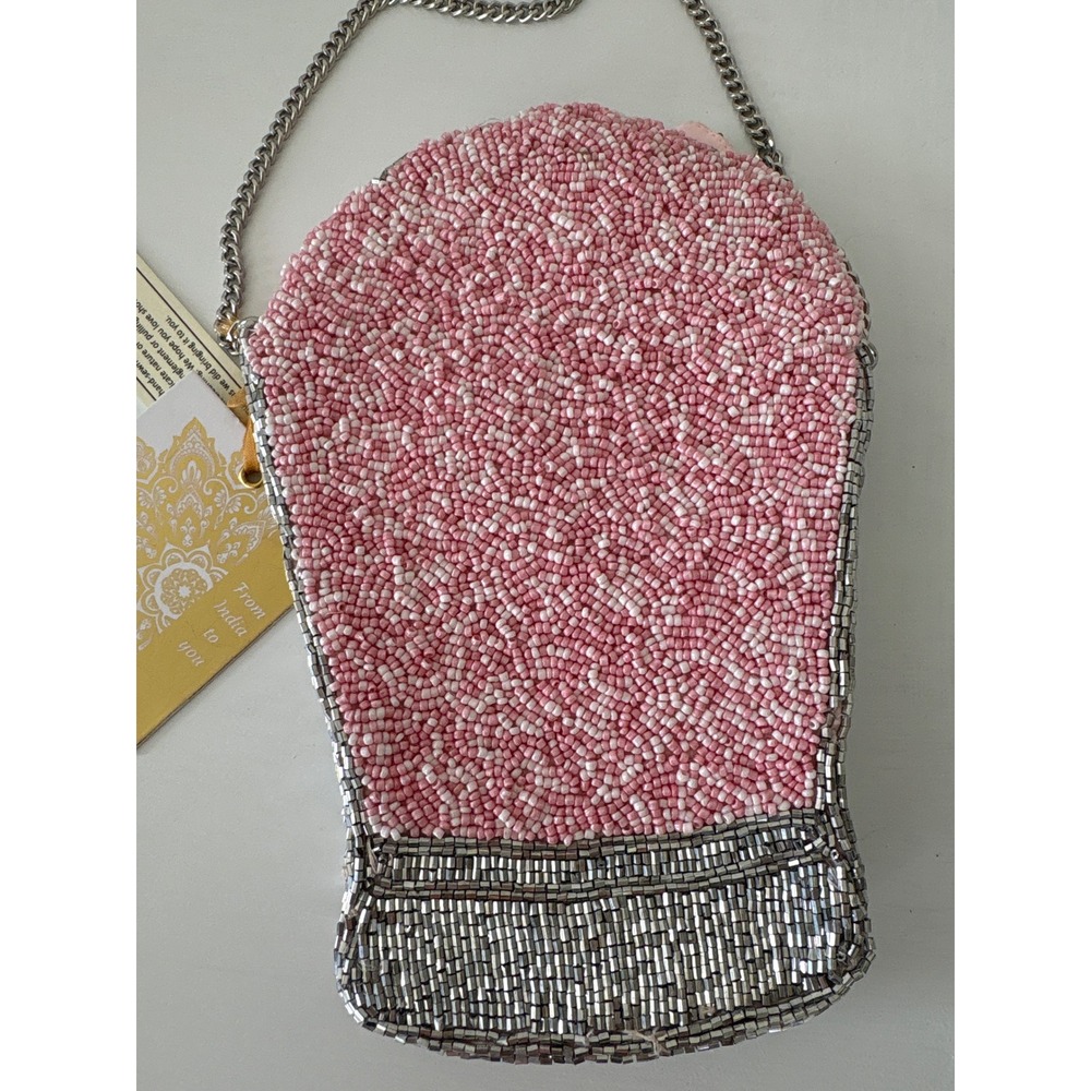 New Beaded Strawberry Milkshake Crossbody Bag Pink Silver Novelty Purse - Picture 2 of 5